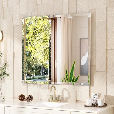 Frameless Rectangle Bathroom Mirror, Shatterproof Beveled Edge Glass, Modern Wall Mirror