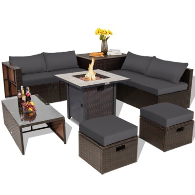 Tangkula 9 PCS Outdoor Patio Furniture Set w/ 30" Propane Fire Pit Table PE Wicker Space-Saving Sectional Sofa w/ Storage Box and Cushions Black/Gray/Navy/Red/Turquoise/Off White