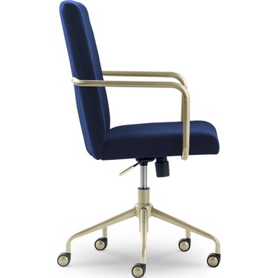 Mid-Century Modern Velvet Navy Blue Executive Swivel Chair with Gold Metal Trim