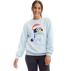 Seven Times Six Bluey Women's Super Soft Plush Crewneck Santa Hat Pullover Sweatshirt Blue - 1 of 4