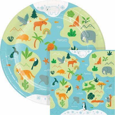 Creative Converting World Adventure First Birthday Wildlife Animal Plates and Napkins Set 16ct