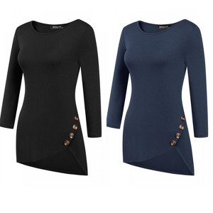 Allegra K Women's 3/4 Sleeve Round Neck Button Decor Casual Stretchy Tunic Tops 2 Packs - 1 of 4