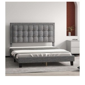 Velvet Upholstered Bed Frame with Adjustable Headboard, Wood Slat Support, No Box Spring Needed, Easy Assembly - 1 of 4