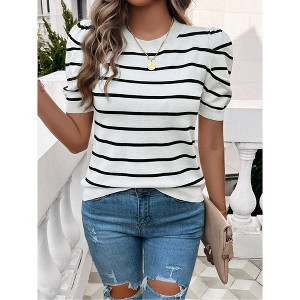 Women's Casual Short Puff Sleeve Crew Neck Striped T Shirts Summer Tops - 1 of 4