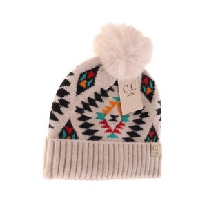 Gender Neutral Kids Aztec Patterned Faux Fur Pom Beanie Cap - C.C - 1 of 2