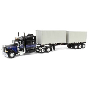 First Gear DCP 1/64 Black Peterbilt 389 63" Mid-Roof Sleeper w/ 2 20' Container Chassis 60-1927 - 1 of 4