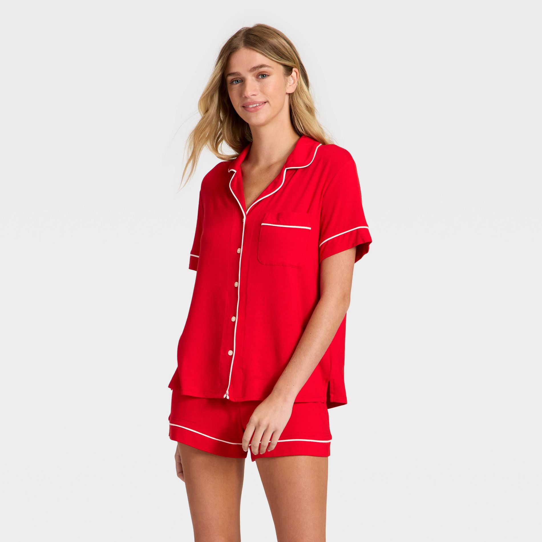 Women's Cloud Knit Short Sleeve Notch Collar Shirt and Shorts Pajama Set - Auden™