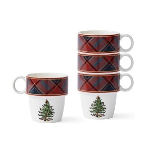 Spode Christmas Tree Tartan Stacking Mugs, Set of 4 - Festive Tartan Design Coffee Cups, 10oz Earthenware Mugs, Colorful and Fun Stackable Mugs - 1 of 4