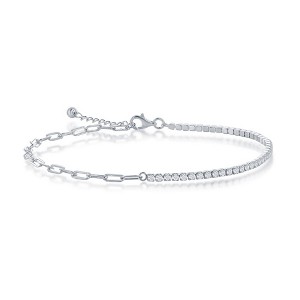 Bella Silver Sterling Silver 2mm Half Tennis & 3.5mm Paperclip Anklet - Silver - 9+1 Inch - 1 of 2