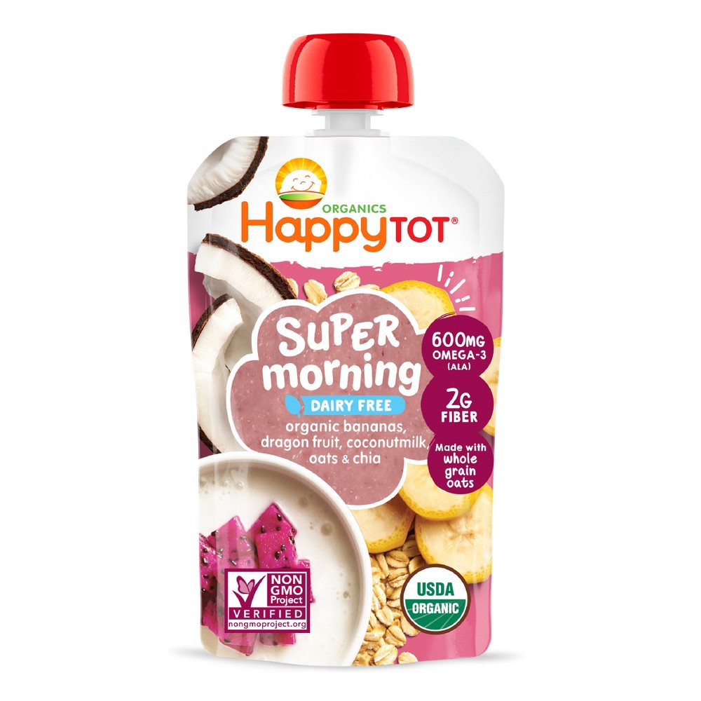 (16 pack) HappyTot Super Morning Organic Bananas Dragonfruit Coconut Milk & Oats with Super Chia Baby Food Pouch - 4oz