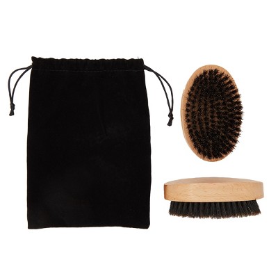Juvale 2 Pack Round Boar Bristle Beard Brush with Wooden Handle and Travel Pouch, 2.5 x 4.1 in