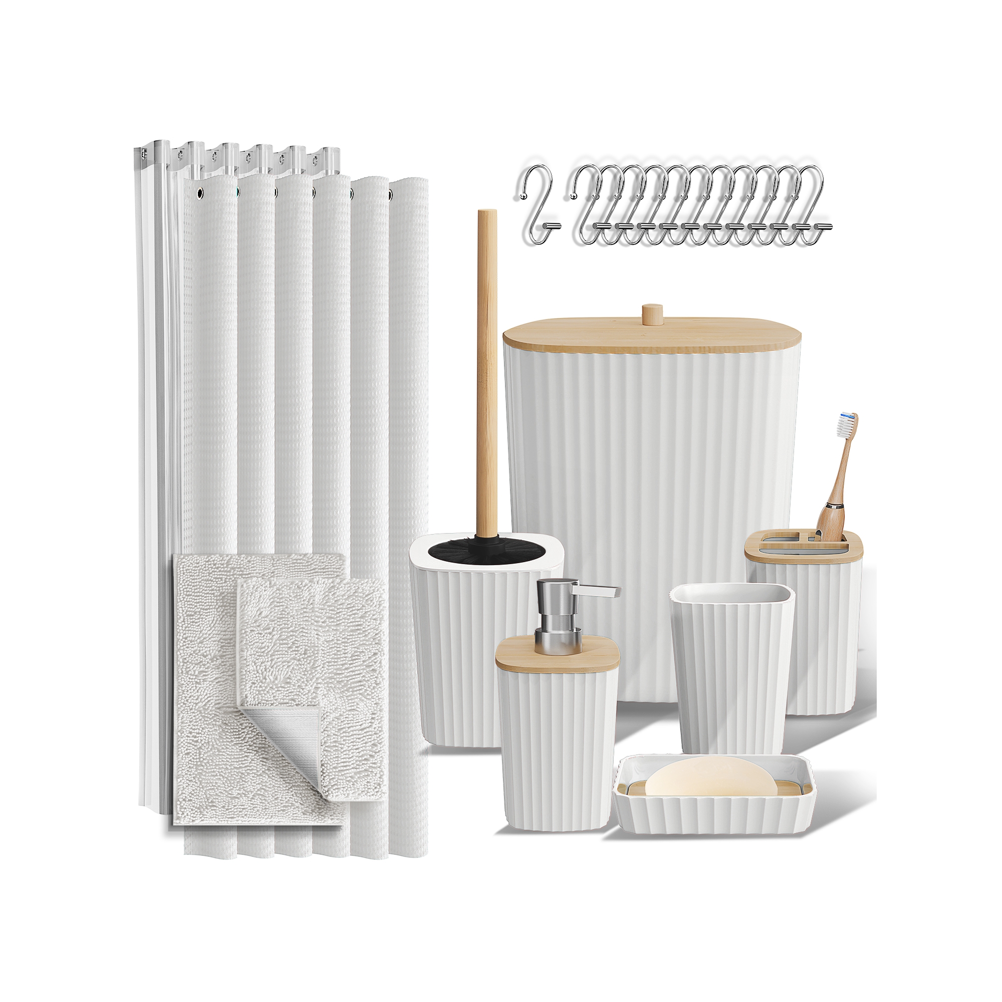 Hearth & Harbor Bathroom Accessories Set - 22PC White Bathroom Set with Shower Curtain and Rugs