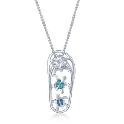 Opalata Sterling Silver Flip-Flops with Blue Inlay Opal Designs 18" Pendant Necklace - Blue