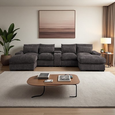 U-Shaped Flannel Velvet Sectional Sofa with Cupholder Console & Ottomans