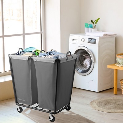 Gray Heavy-Duty Steel Frame Rolling Laundry Hamper with Dual Canvas Bins