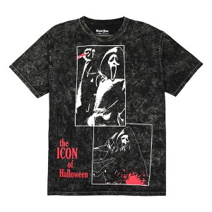 Ghostface Oversize Character Printed Patches With Red Text on Men's Black Mineral Wash Short Sleeve Tee - 1 of 4