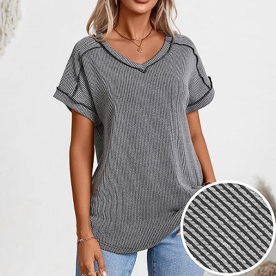 Womens V Neck T-Shirts Short Sleeve Inside Out Seam Style Tops Striped Shirts Drop Shoulder Lounge Tops Summer Causal Tops