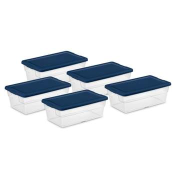 Sterilite Stackable 6 Quart Clear Home Storage Box with Handles and Blue Lid for Efficient, Space Saving Household Storage and Organization, 5 Pack