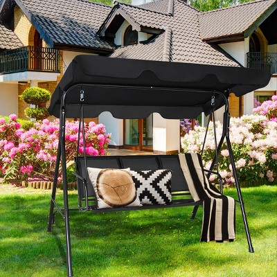 Black Powder Coated Steel 3-Person Outdoor Patio Swing with Adjustable Canopy