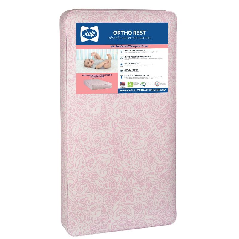 Sealy Ortho Rest Waterproof Baby Crib Mattress and Toddler Bed Mattress - Pink, 1 of 9