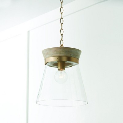 Finn 1-Light White Wash and Matte Brass Pendant with Clear Glass Shade