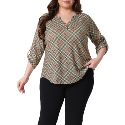 Women's Plus Size Plaid V Neck 3/4 Sleeve Flowy Casual Tunic Blouses - Agnes Orinda