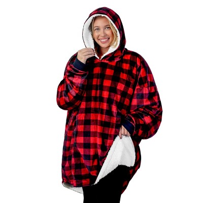 Youth Buffalo Plaid - Red/black Fleece Wearable Blanket By Bare Home ...