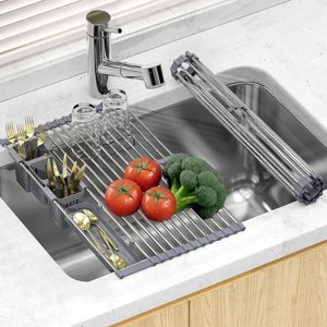 Expandable Roll Up Dish Drying Rack with 2 Removable Baskets Multipurpose Kitchen Drainer Caddy Organizer Storage Shelf Holder Stainless Steel - 1 of 4