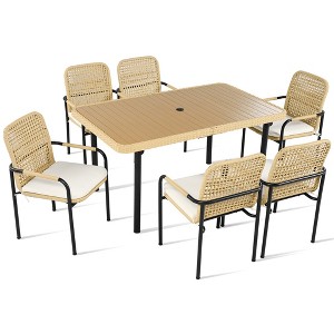 FURNIinspire Dining Sets, Modern Mid-Century Dining Table with 6 Upholstered Chairs for Dining Room Kitchen Apartment, Beige, 28"*26.25"*22.5" - 1 of 4