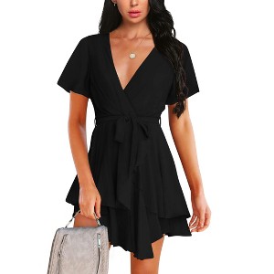 Clearlove Womens Skater Dresses V Neck Short Sleeve Tie Waist Solid Ruffle Boho Flowy Swing Mini Dress - 1 of 3