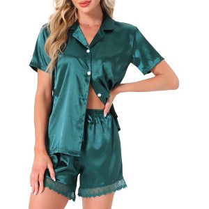 INSPIRE CHIC Women's Satin Silky Button Down Short Sleeve and Shorts with Lace Trim 2 Pcs Pajamas Set - 1 of 4