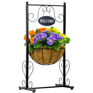 Sorbus Welcome Planter Basket Stand with Coco Liner, Stylish Flower, Plant, and Outdoor decor for Home, Garden, Patio, Deck, Black Metal - 1 of 4