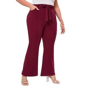 Womens Plus Size Flare Pants with Belt Fashion Outfits Pockets Spring Fall Pants Slim Business Casual Work Pants Wine Red 4XL - 1 of 4