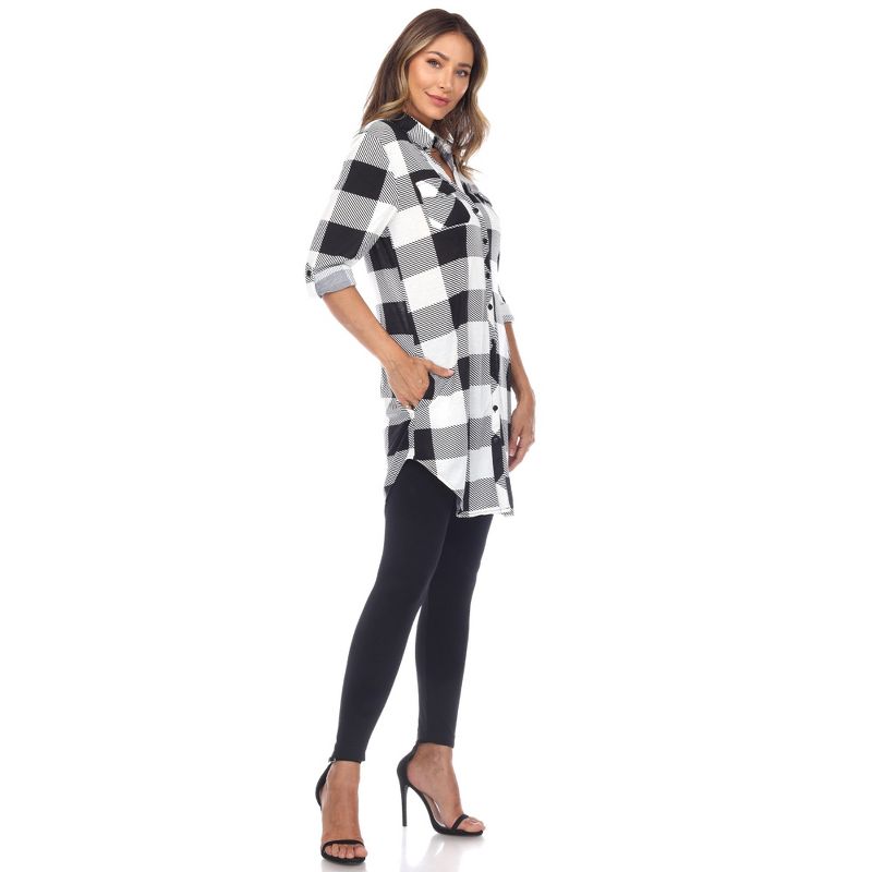Women's  Roll Tab Sleeve Plaid Buttoned Top - White Mark, 3 of 6