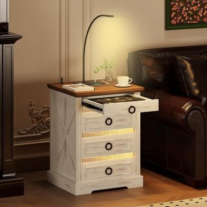 Fredees Rustic Nightstand with Gun Drawer, End Table with Charging Station, LED Bedside Table with Human Sensor Light. - 1 of 2