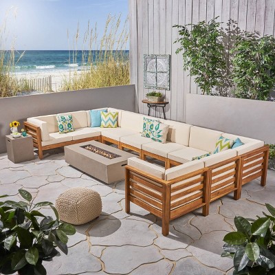 Oana 12pc Acacia U-Shaped Sectional Sofa Set with Fire Pit - Teak/Beige and Light Gray - Christopher Knight Home