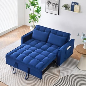 Racxily 3 in 1 Convertible Sleeper Sofa Bed, Velvet Futon Couch, Loveseat Lounge Sofas with Toss Pillows&Side Pockets, Adjustable Backrest, Blue - 1 of 4