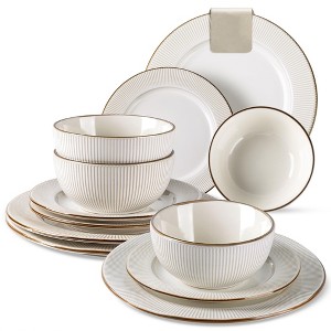 Itopfox 12-Piece Ceramic Dinnerware Set with Embossed Elegant Design, Dishwasher & Microwave Safe Plates and Bowls for 4 - 1 of 4