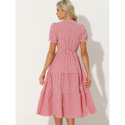 Женские платья INSPIRE CHIC Women's Summer Ruffle Trim V Neck Button Decor Gingham Dress Medium Red — фото 3