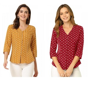 INSPIRE CHIC Women's Polka Dots 3/4 Sleeve Casual Button Front Shirt 2 Pieces - 1 of 4