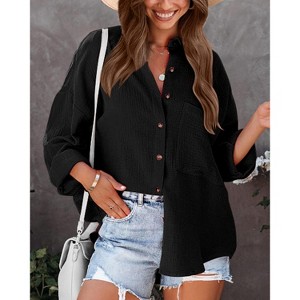 Women's Relaxed Boyfriend Shirt Soft Button Down Long Sleeve Classic Casual Oversized Top - 1 of 4