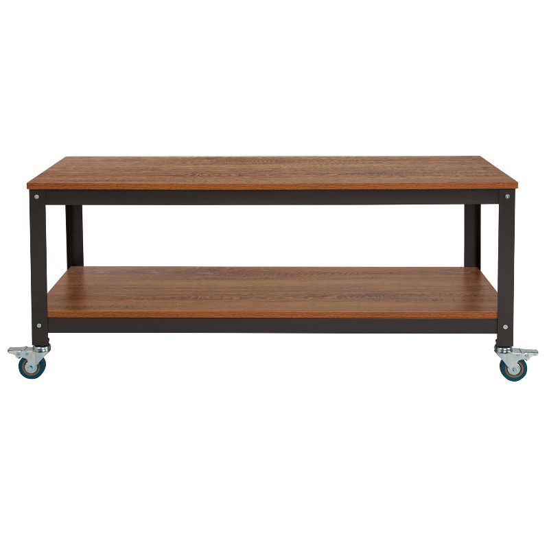 Flash Furniture Livingston Collection TV Stand in Brown Oak Wood Grain Finish with Metal Wheels, 3 of 4