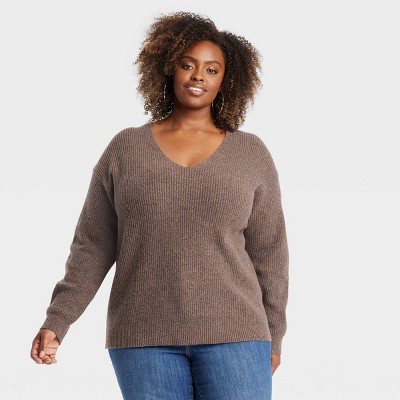 Women's Cozy Knit V-Neck Pullover Sweater - Ava & Viv™ Brown 4X