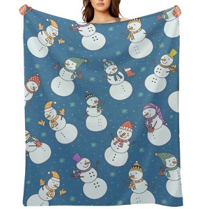 Christmas Snowman in Hats Blue Christmas Throw Blanket Soft Fleece Christmas Blanket Cozy Flannel Throw for Couch Bed 50x60 inches - 1 of 1