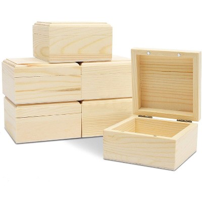 6 Pack Unfinished Natural Wooden Boxes with Hinged Lid for Jewelry, Beads, Coins, Art and DIY Craft Projects
