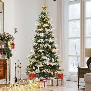 6ft White Snowy Flocked Atificial Tree with 29 Pine Cones and with 300 LED Lights 900 Metal Hinged Branch Tips - 1 of 4