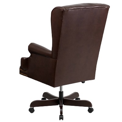 Ergonomic High-Back Executive Chair in Brown LeatherSoft with Mahogany Wood Base