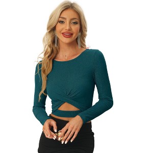 Allegra K Women's Glitter Long Sleeve Cut Out Twist Front Slim Fitted Crop Top - 1 of 4