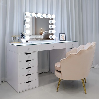 VANITII Eva Vanity Desk - 13 Storage Drawers, LED Bulbs Bluetooth Mirror