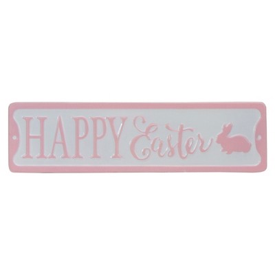 Northlight 13" Pink and White Metal "Happy Easter" Sign with Bunny Rabbit Wall Decor